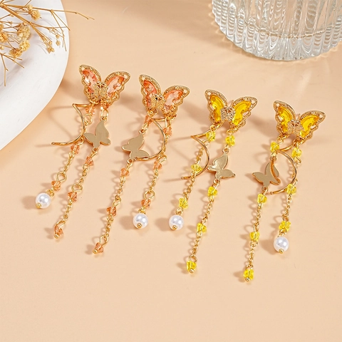 Orecchini Pendenti Farfalla Nappa Rame Zirconia Imitazione Perla Artificial 925 Argento Sterling Perno Elegante Dolce