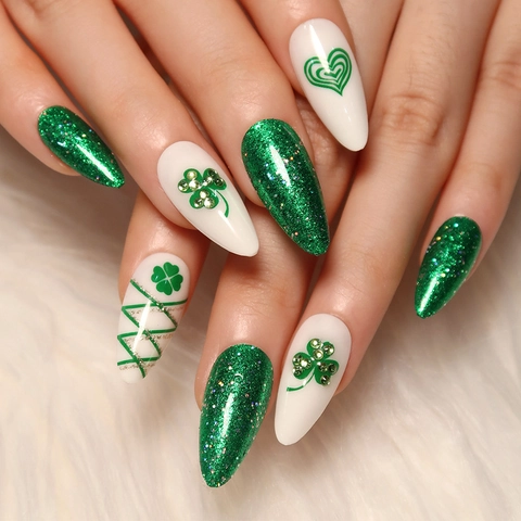 Ψεύτικα Νύχια St Patricks Day Μακριά Αμύγδαλο Τριφύλλι Πράσινο Γκλίτερ Καρδιά Στρας Τεχνητά Νύχια