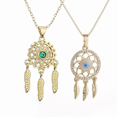 Collana Con Ciondolo Acchiappasogni In Rame Con Zircone Nappa Di Piume Gioielli Malocchio Moda Per Donna