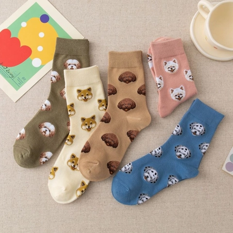 Women Crew Socks Cotton Blend Cute Cartoon Dog Animal Pattern Mid Calf Breathable Japanese Style Casual Fashionable