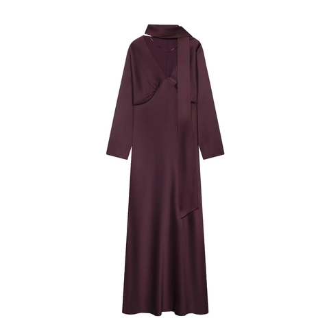 Elegant Satin Maxi Dress Long Sleeve Scarf Tie V Neck Solid Color High Waist Satiny Fabric Party Occasion Women