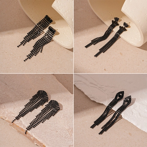 Schwarze Strass Quasten Ohrringe Mit 925 Sterling Silber Ohrstecker Kupfer Geometrische Dunkle Stil Für Frauen