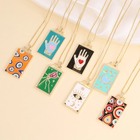 Rechteckige Anhänger Halskette Kupfer Emaille Böser Blick Mond Stern Hamsa Hand Tarot Stil Schmuck Für Frauen