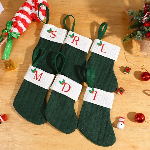 Christmas Stocking Knitted Green White Embroidered Initial Letter Holly Hanging Loop Fireplace Holiday Decor Gift Bag