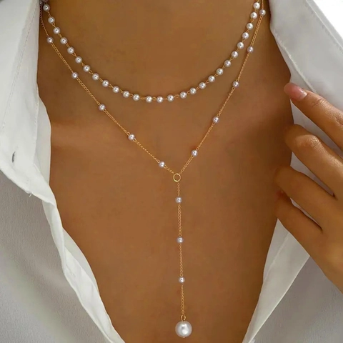Multilayer Faux Artificial Pearl Necklace Y-Shaped Tassel Layered Alloy Gold Tone Vintage Elegant Jewelry Women