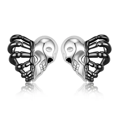 Orecchini a Bottone in Argento Sterling 925 Teschio Cuore Costole Gotico Punk Placcato Oro Nero Gioielli Dark Style