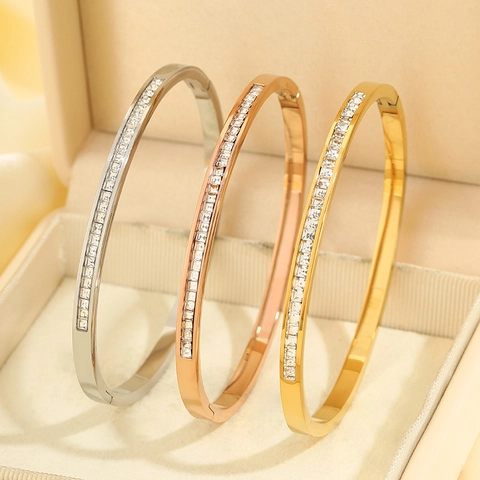 Elegant Stainless Steel Row Zircon Bracelet Hinged Clasp Luxury Minimalist Jewelry For Women Shiny Fashion