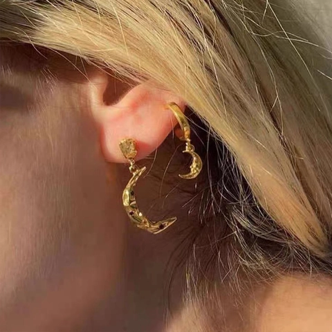 Pendientes Colgantes De Luna Creciente Acero Inoxidable Textura Martillada Circón Incrustado Estilo Bohemio Vintage Mujeres