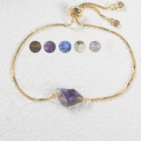 Adjustable Natural Raw Gemstone Bracelet Stainless Steel Gold Plated Box Chain Boho Healing Crystal Jewelry Women