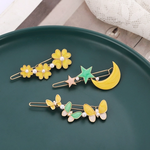 Alloy Hair Clips With Enamel Butterfly Flower Star Moon And Imitation Artificial Pearl Sweet Korean Style Hairpin For Women