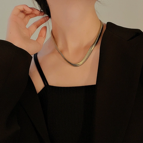 Collar Cadena De Serpiente Acero Inoxidable Ancho Plano Chapado En Oro 18K Cadena De Clavícula Minimalista Para Mujeres