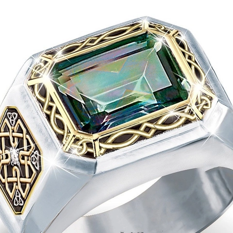 Herren Vintage Keltischer Knoten Ring Zweifarbig Legierung Smaragdschliff Grüner Stein Irisches Gebet Statement Schmuck