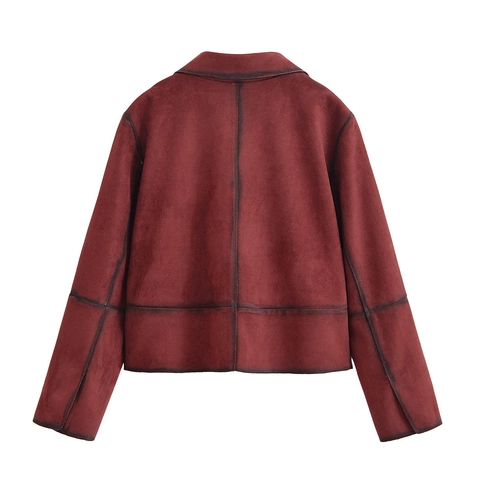 Women Vintage Wine Red Faux Suede Jacket Distressed Edges Lapel Long Sleeve Single Breasted Casual Short Outwear Coat