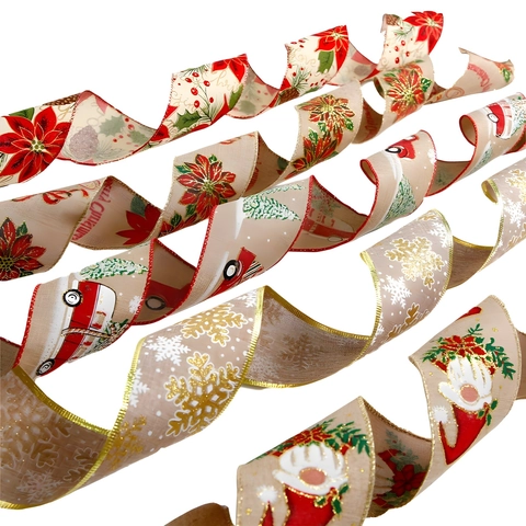 Christmas Ribbon Burlap Linen Look Christmas Tree Red Truck Snowflake Printed Ribbon For Gift Wrapping Decoration Holiday Party