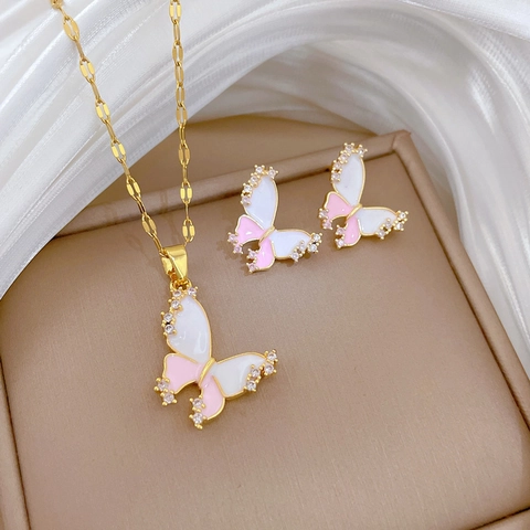 Butterfly Necklace And Earrings Luxury Pink White Enamel Gradient Gold Plated Titanium Steel Copper Zircon Elegant Women