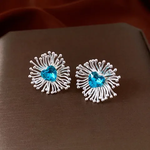Orecchini A Lobo Cuore Zircone Blu Rame Design Fuoco D'Artificio Con Perno In Argento Sterling 925 Vintage Moda
