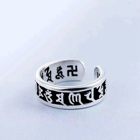 Vintage 925 Sterling Silber Offener Ring Sechs Wort Mantra Religiös Buddhistisch Verstellbares Ethno Band Unisex