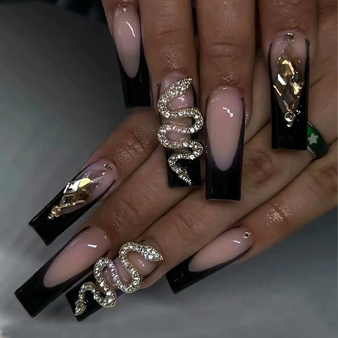 Long Square Press On Nails French Black Tip With 3D Snake Alloy Rhinestone Decorations Luxury Artificial Fake Nails