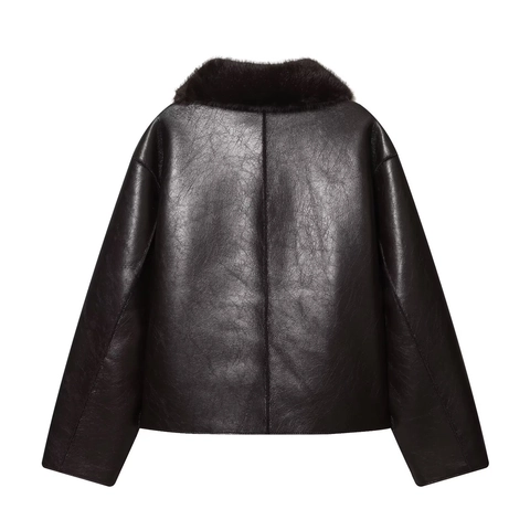 Damen Kunstleder Pelz Lammfelljacke Mantel Revers Einreihig Warm Langarm Oberbekleidung Herbst Winter Streetwear
