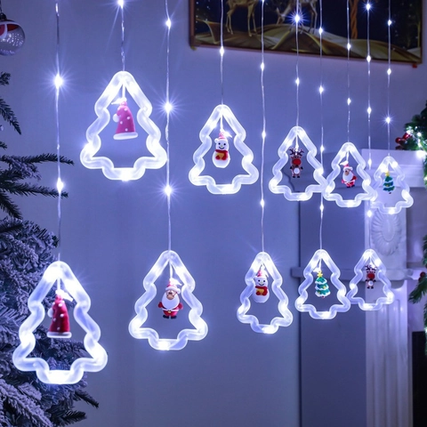 Cortina De Luces LED De Navidad Con Mini Figuras De Papá Noel Muñeco De Nieve USB Batería Control Remoto Decoración De Ventana
