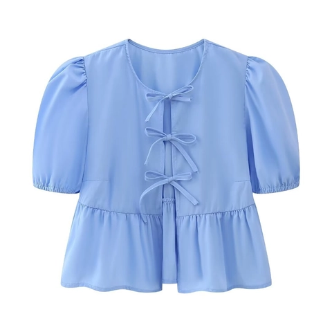Damen Peplum Oberteil Kurze Puffärmel Rundhals Vorne Schleife Gewebtes Polyester Bluse Girly Süß Chic