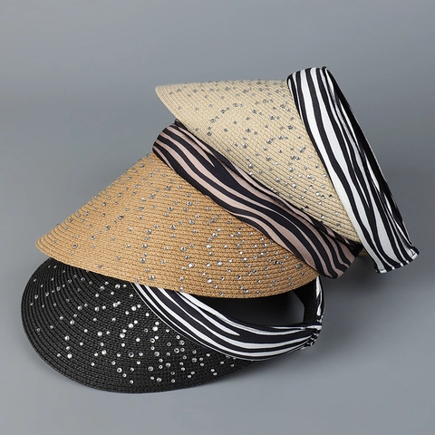 Women Rhinestone Paper Straw Sun Visor Hat Zebra Print Headband Open Top Summer Beach Fashion Elegant