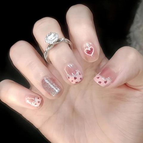 Unghie Finte Rosa Cannella Cuore Rosso Sfumato Francese Glitter Argento ABS Quadrato Arrotondato Elegante Donne
