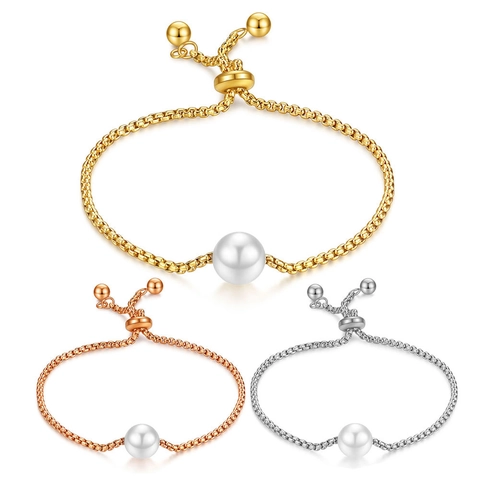 Pulsera De Perlas Artificiales Ajustable Minimalista Cadena De Caja Acero Inoxidable Perla Artificial Redonda Cierre Deslizante Joyería Mujer