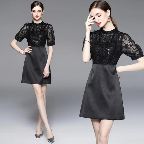 Elegantes Schwarzes Patchwork Kleid Spitze Satin Kurzarm Pailletten Perlen Hohe Taille Party Abend Damen