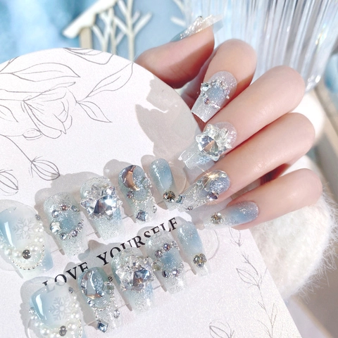 Unghie Finte Press On Sfumatura Blu Motivo Fiocco Di Neve Con Strass Perla Artificial Lucido Stile Natale Rimovibili