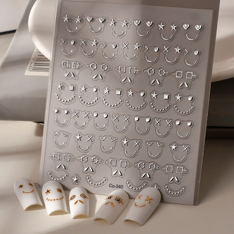 Embossed Nail Art Stickers Metallic Gold Silver Smile Face Star Heart Patterns Self Adhesive DIY Manicure Decals For Women