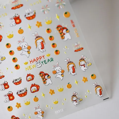 5D Relief Chinese New Year Nail Stickers Year Of Rabbit PET Self Adhesive Manicure Decals Red Gold Festive Decor