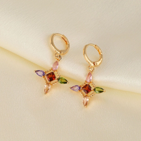 Kupfer Stern Ohrhänger Vergoldet Mit Bunten Zirkonia Regenbogen Kleeblatt Form Brisur Elegant Retro Luxus Damen