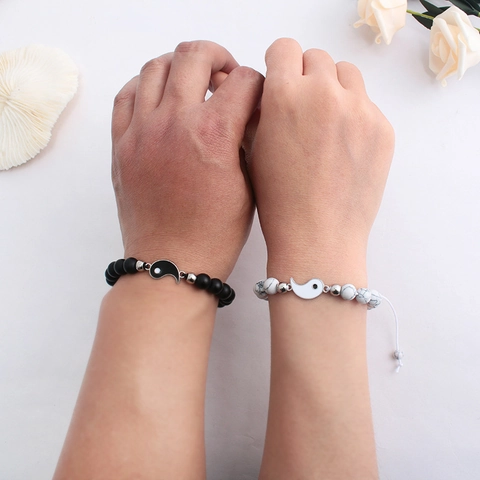 Magnetic Tai Chi Yin Yang Couple Beaded Bracelets Glass Frosted Marble Pattern Beads Adjustable Hand Woven Rope Jewelry Gift