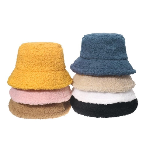 Lambswool Fleece Bucket Hat Winter Warm Solid Color Thickened Outdoor Casual Fisherman Cap For Men Women