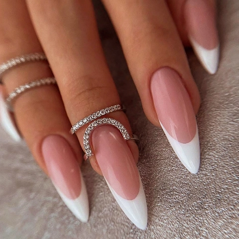 French Style Press On Nails Lange Amandelvorm Roze En Witte Gradiënt Glanzende Kunstnagels Voor Vrouwen