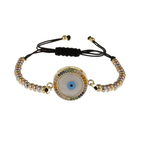 Bracciale Occhio Di Allah Rame Micro Zirconi Placcato Oro Corda Intrecciata Regolabile Gioielli Turchi Donna Uomo