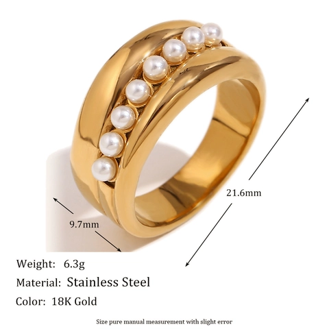 Elegant Gold Plated Stainless Steel Wide Band Ring With Inlaid Artificial Pearls For Women Fashion Jewelry Accessories