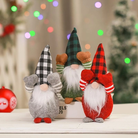 Christmas Gnome Plush Decor Covering Face Faceless Santa Claus Plaid Hat Forest Old Man Figurine Xmas Home Desktop Ornament