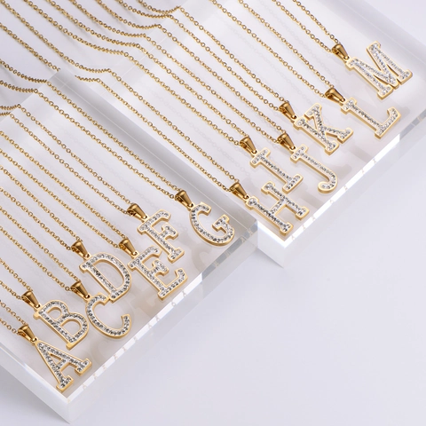 Collana Con Pendente Lettera Iniziale Acciaio Inossidabile Placcato Oro 18K Strass Brillante Alfabeto Catena Elegante