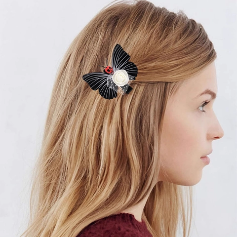 Molletta Per Capelli Farfalla Gotica Halloween Con Rosa Bianca E Teschio Rosso Plastica Tessuto Festa Cosplay Accessorio