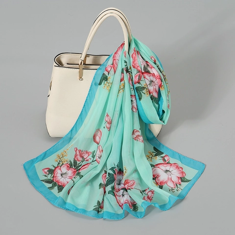 Women Chiffon Scarf Long Satin Feeling Sun Protection Thin Breathable Floral Butterfly Printed Shawl Wrap Fashion Accessory