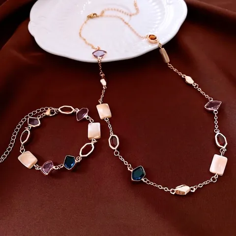 Joyas Vintage Francés Mujeres Cristal Colorido Concha Cobre Chapado En Oro Collar Y Pulsera Geométrico Ajustable