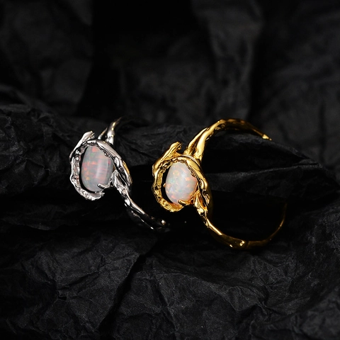 S925 Sterling Silver Opal Ring For Women Niche Luxury Handmade Irregular Wrap Adjustable Open Ring Jewelry Wedding Party Gift