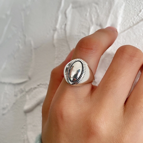 Anello A Sigillo Ovale Argento Sterling 925 Inciso Vintage Stile Francese Regolabile Fascia Aperta Gioielli Donna