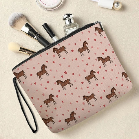 Borsa Per Cosmetici In Lino Fine Con Motivo A Cavallo Stampa A Cuore Pochette Da Toilette Multifunzionale Con Cerniera