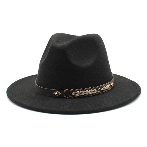 Wollfilz Fedora Hut Breite Flache Krempe Retro Britischer Jazz Hut Für Damen Herren Mit Nieten Geflochtenem Band