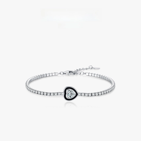 Herzform Schwarz Emaille Tennis Armband Für Damen 925 Sterlingsilber Zirkonia Funkelnd Verstellbarer Handschmuck
