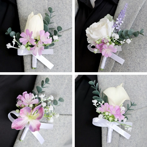 Artificial Boutonniere Satin Flower Wedding Corsage With White Rose Calla Lily Lavender For Groom Groomsmen Formal Ceremony