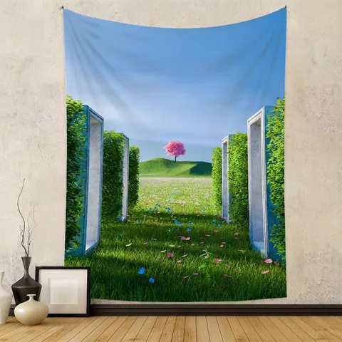Arazzo Da Parete Paesaggio Naturale Albero Rosa Surreale Tessuto Poliestere Decorazione Artistica Camera Letto Soggiorno Boho